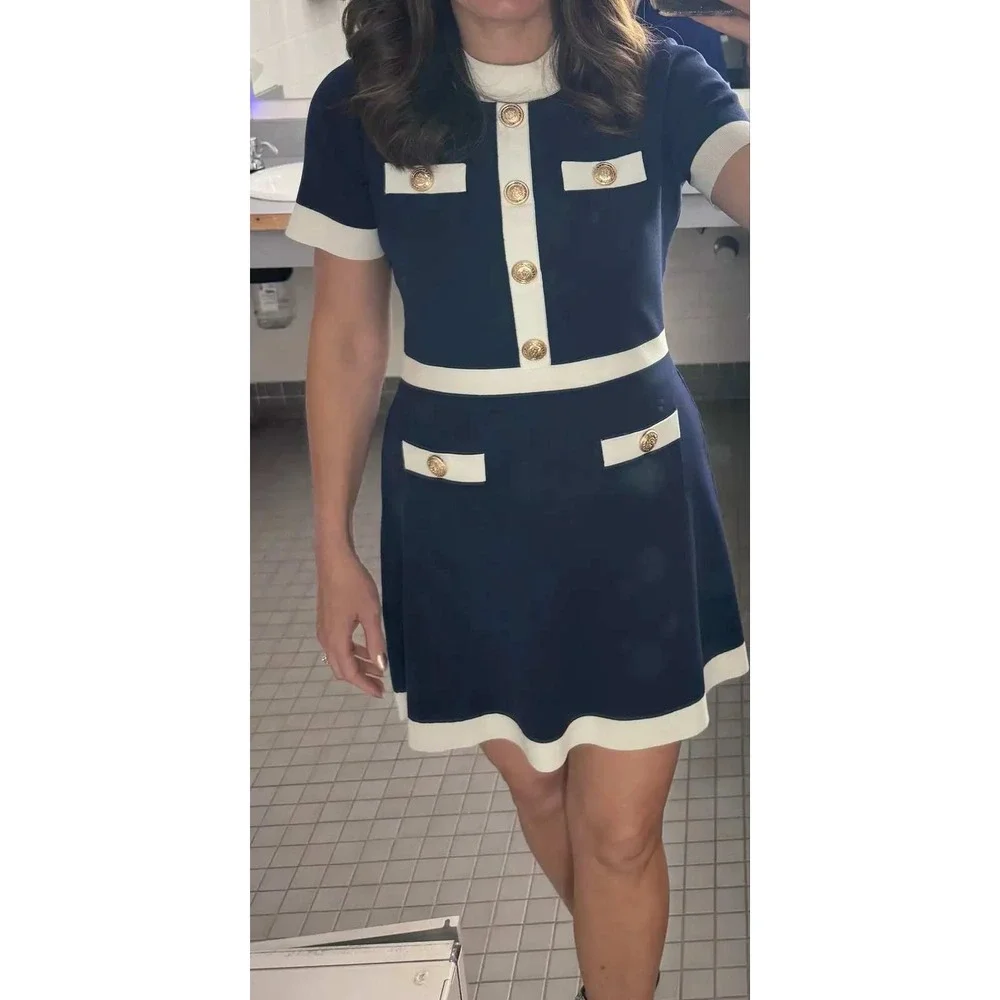 Alexia Admor Beatrix Mini Dress Navy Blue White Contrast Knit Button Women XS